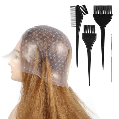 Jeffdad Professional Silicone Highlight Cap, Reusable Hair Coloring Highlighting Cap with 3 Brushes and 1 Needle for Color Hair Salon Hairdressing Women Men(White)