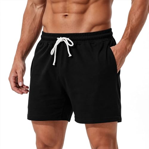 Jeixopu Mens Athletic Gym Shorts 5" Cotton Jogger Workout Casual Lounge Sweat Shorts with Pockets (Black-L) - image 1