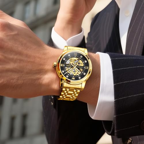 Image of OLEVS Mens Automatic Watch Skeleton Diamond Luxury Mechanical Self Winding Dress Wrist Watch Waterproof Luminous
