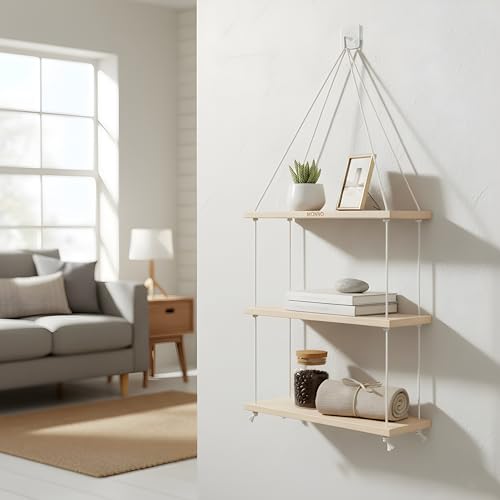Image of No-Drill 3-Tier Wall Hanging Shelf | Elegant Boho Wall Decor for Plants and Home Decoration, Living Room, Bedroom & Balcony | Handwoven Art Piece