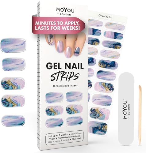 MOYOU LONDON Semi Cured Gel Nail Strips - 20 Pcs. Waterproof Gel Nail Wraps, Cures in Sunlight or UV/LED Lamp, Lasts Up to 2+ Weeks, Stretchable, Easy to Apply & Remove, Vegan & Cruelty-Free