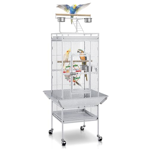 SUPER DEAL PRO 61-inch 2in1 Large Bird Cage with Rolling Stand Playtop Parrot Chinchilla Finch Cage Macaw Conure Cockatiel Cockatoo Pet House Wrought Iron Birdcage, White