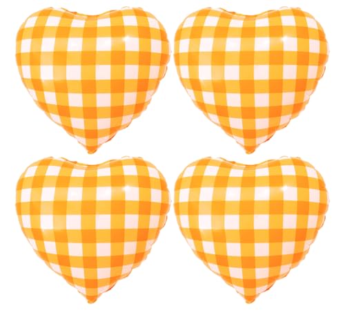 Image of 4pcs 18 inch Orange Heart Checked Balloons Striped Plaid Heart Foil Balloons for Spring Party Decorations Picnic Party Decor Love Theme Birthday Party Wedding Baby Shower Versatile Party Decor