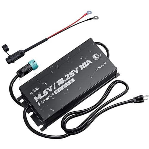 LiTime 12V(14.6V) & 16V(18.25V) 10A Mountable LiFePO4 Battery Charger, IP65 Waterproof, AC to DC Fast Charger with Adjustable Voltage, Smart BMS Activation & LED Indicator