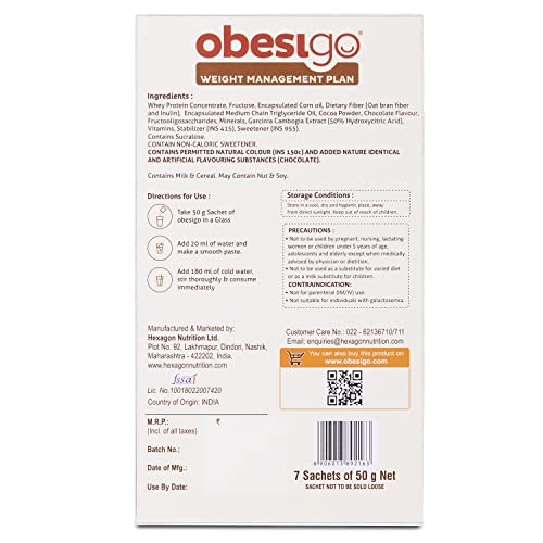 Image of Obesigo BLCD Obesigo Meal Replacement Weight Loss And Weight Management Plan (Chocolate Flavor) - 350Gm (7 Sachets Of 50G Each)