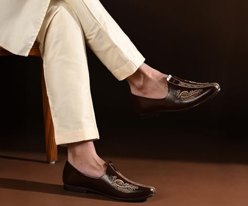 Image of LOUIS STITCH Men's Ethnic Slip On Embroidery Stitch Mojaris | Stylish Nagra Juti for Men | Lightweight and Comfortable Stylish Embroidery Jutis and Mojaris for Kurta Pajama | LSAXNGEDST