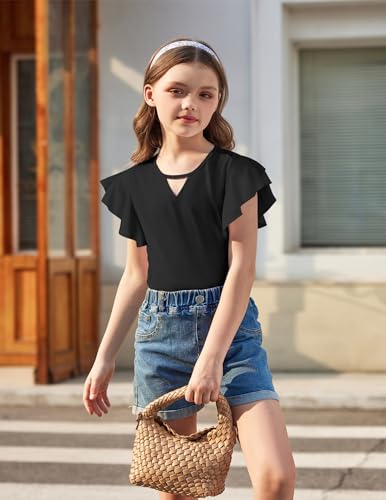 Image of Arshiner Girls Shirts Short Sleeve Tee Ruffle Solid Summer Keyhole Neck Cotton Blouse Tops