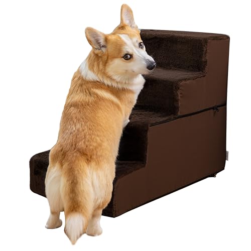PRIORPET Dog Steps for Bed - 4 Steps Dog Ramp - 23" High Density Foam Dog Stairs for Small Dogs - Safe and Stable Pet Steps - Removable Washable Cover - Anti-Slip Bottom - Dog Steps for Sofa - Brown