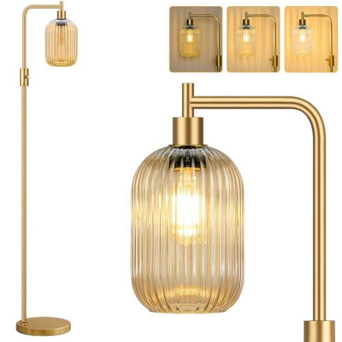Dimmable Gold Floor Lamp with Amber Glass