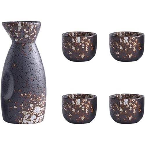 酒器セット 徳利 とっくり さかずき 杯 冷酒 片口 しがらき焼 陶器 ギフト プレゼント 家庭用 お茶 水 ワイン 食洗機対応 (1 ポット4 杯,B)