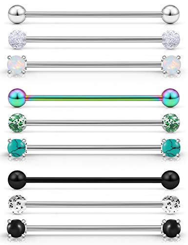 SCERRING Industrial Barbell Piercing Jewelry 14G Stainless Steel Cartilage Helix Conch Earring 1 1/2Inch(38mm) Opal Stone Balls for Women Men 9PCS