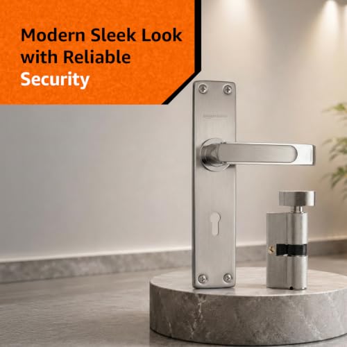 Image of Amazon Basics Mortise Door Lock Handle Set | BIS Certified Brass Lock Body | Auto-Retraction Mechanism | Suitable for Left & Right Handed Doors | Satin Steel Finish | Includes 3 Keys