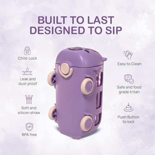 Image of PLUSPOINT Bus Water Bottle for Kids Detachable Straw Water Cup with Shoulder Strap Leak-Proof Kids Drink Cup Cute Cartoon Water Jug Toy with Wheels Toddler Bus Bottle for Boys and Girls