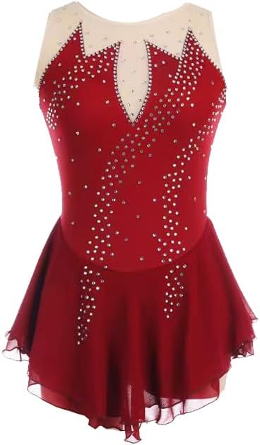 ArtSkating Figure Skating Dress for Girls & Women, Burgundy Rhinestone Embellished Competition Ice Skating Dress, Elegant Stretchy Performance Costume for Ice Shows, Training & Professional Events