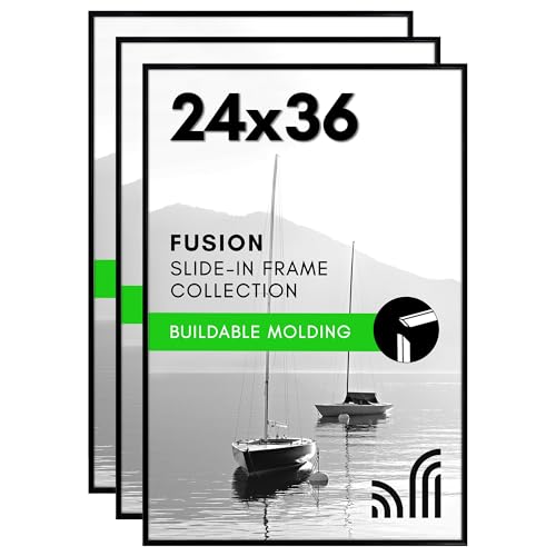 Americanflat 24x36 Poster Frame with Polished Front Cover - Set of 3 - Slide-In Photo Frame with Buildable Molding - Fusion Collection - Picture Frames for Wall Display - Black