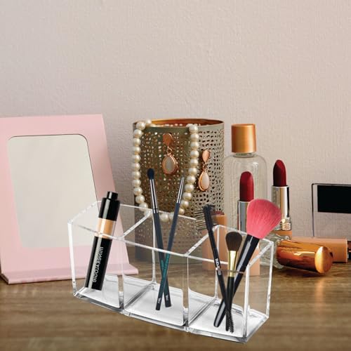 Image of GROB Prismo Multipurpose Transparent Acrylic Organizer| 3-Compartment Stationary Holder, Makeup Brush Container, Cosmetics holder for Desk or Vanity| Smart Living Product