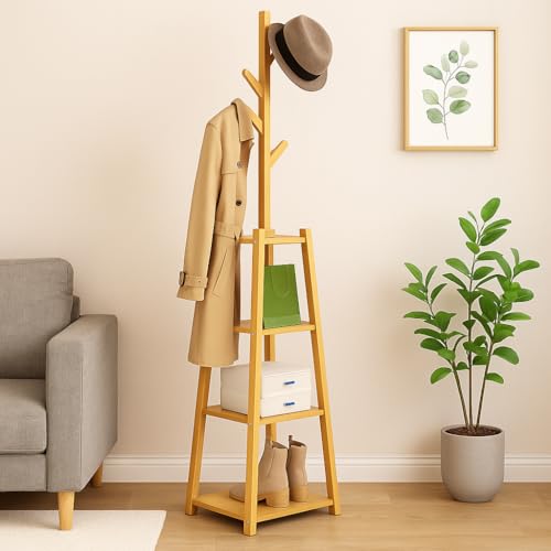 Image of Lukzer Wooden Bamboo Clothes Rack with 6 Hooks & 3-Tier Shelf | Freestanding Coat & Hat Stand | Multipurpose Garment Organizer for Entryway, Bedroom, Living Room, Hallway & Office (171x30cm)