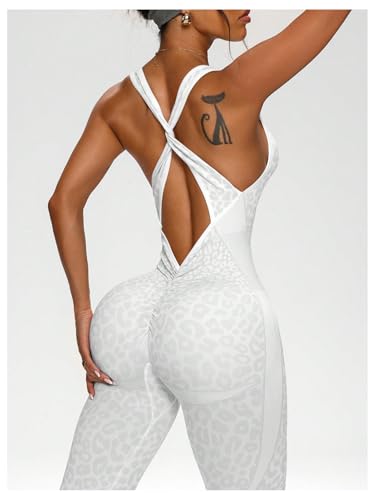 Image of Verdusa Women's Cheetah Print Workout Sets Yoga Jumpsuit Criss Cross Sleeveless Work Out Clothes Flared Pants Jumpsuits