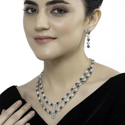 Image of ZENEME Rhodium-Plated American Diamond Studded Star Shaped Layered Necklace With Earrings Jewellery Set For Girls and Women