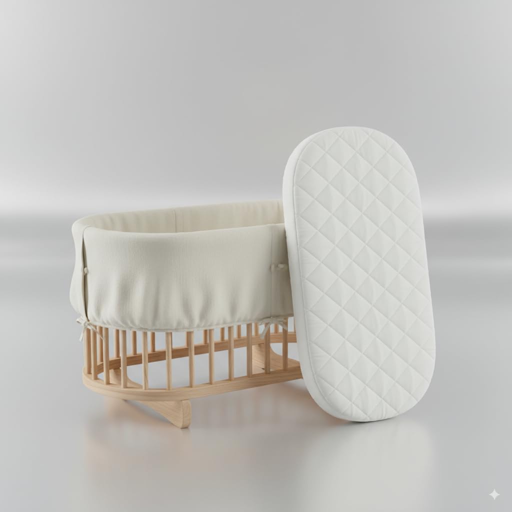 Restorology Baby Moses Basket Mattress, Extra Thick Super Soft Oval Shaped Double Sided Hypoallergenic Mattress Fits Mamas & Papas Mothercare With Removeable Quilted Cover (70 x 30 x 4 cm)