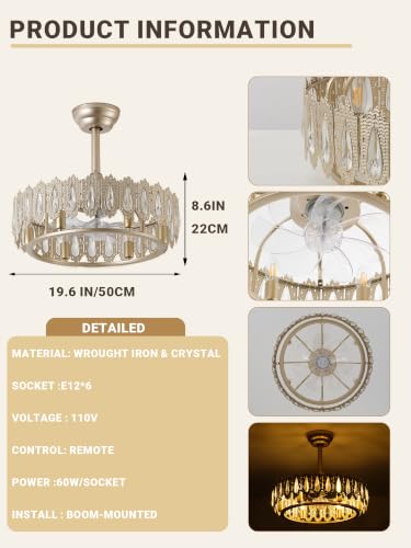 Image of 20 inch Gold Crystal Fandelier Ceiling Fan with Light Caged Mid Century | Crystal Chandelier Ceiling Fans with Remote 6 Speed for Living Room Bedroom Dining Room E12*6