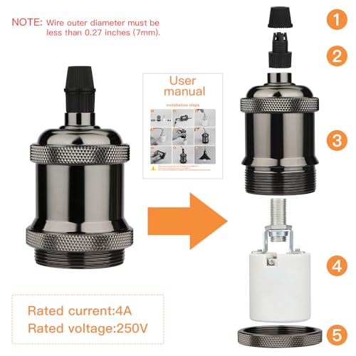 E27 Lamp Holder, 6 Pcs E27 Bulb Holder, Gloss Black Vintage Socket Light Bulb Holder, Ceramic Rated 4A 250V, for DIY Pendant Lamp Ceiling Hanging Light Retro Edison Screw Bulb Holder Adaptor - Image 3