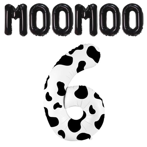 Image of SINBEE Cow Print 40 inch Balloon, Number 6, for Birthday Decorations, Reusable, Unisex, Children's Party Decor