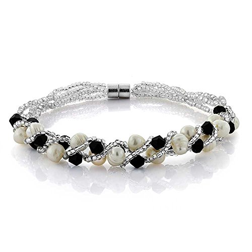 Gem Stone King White Cultured Freshwater Pearl and Black Crystal Necklace Bracelet Wedding Jewelry Set For Women | Necklace 17 Inch | Bracelet 7 Inch3