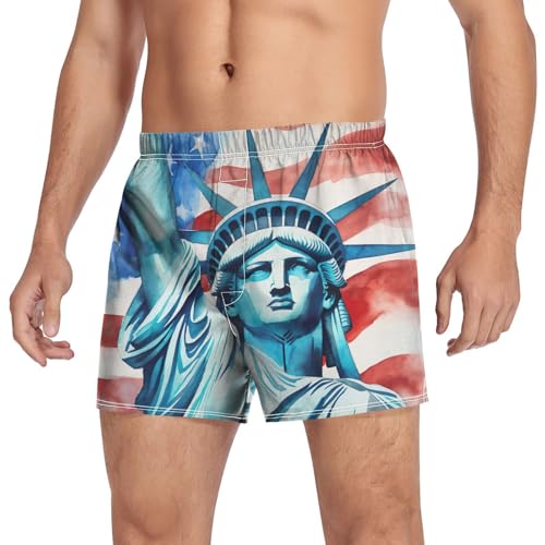 Usa Flag Statue Of Liberty Men's Cotton Boxer Shorts Sleep Shorts Underwear Pajama Bottoms with Button Fly3