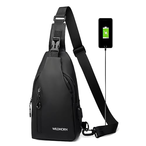 Image of WildHorn Nylon Sling Bag for Men & Women | Waterproof Chest Shoulder Bag with USB Charging Port | Compact Crossbody Bag for Phone, Wallet & Daily Essentials