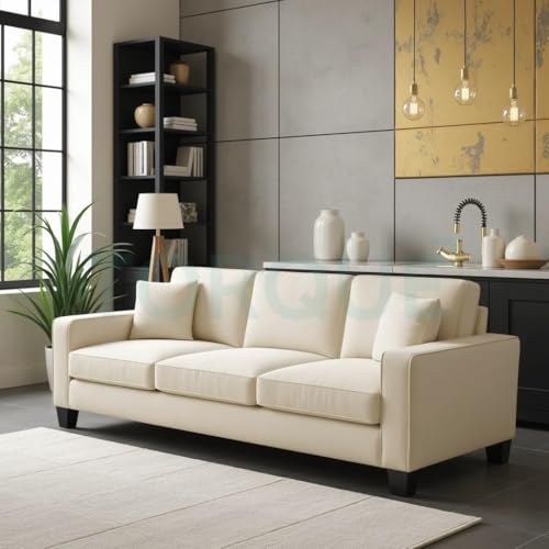 Image of Torque Moscow 3 Seater Fabric Sofa (Cream) 3 Person Sofa, Wooden Sofa Set,Couch for Living Room Furniture | 1 Years Warranty