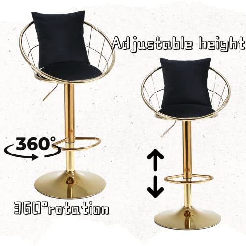 Bar Stools Set Of 2, Velvet Counter Height Adjustable Barstools 360° Swivel With Back And Gold Metal Base, Dining Bar Chairs Upholstered Modern Bar Stool For Kitchen Island, Bar, Dining Room (Black) #TOP3