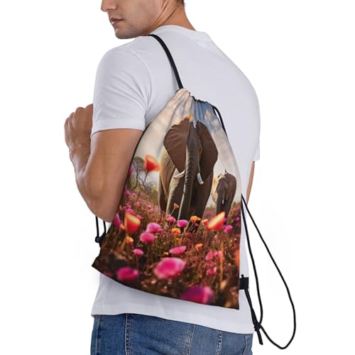 flower-elephant print Drawstring Bag Sack Gym Bag Ditty Bag for Gym Traveling, Hiking, Yoga, Shopping for Adult3
