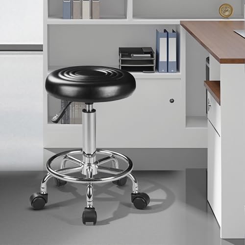 VECELO Adjustable Rolling Home Office Desk Chair, PU Leather Swivel Drafting Chair with Wheels & Footrest, Height Adjustable Armless Task Stool for Home Office, Salon, Spa, Black