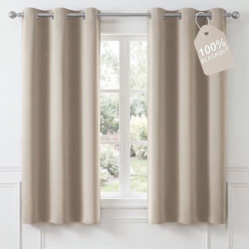 NICETOWN 100% Blackout Curtains 63 Inch Length, Natural, W40xL63, 2 Panels | Grommet Thermal Drapes, Sound Reducing Full Blackout Window Treatments for Living Room/Bedroom
