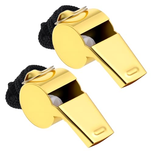 Qulkws 2 Pack Gold Whistle Stainless Steel with Lanyard Loud Crisp Sound Referee Coach Whistle Sports Whistles for Football Basketball Soccer School Referees Coaches Lifeguard Emergency