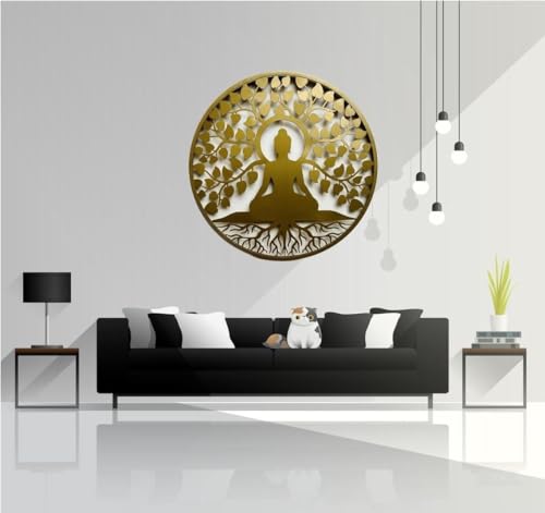Image of M.K Handicraft Buddha Metal 3D Wall Art 24 IN WIth LED Backlite Wall Hanging with Led Backlight Decorative Showpiece - 60 cm (Iron, LED Backlite Gold) (GOLD)