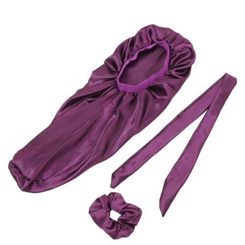 Bonnet de nuit satin long avec large bande pour tresses et cheveux bouclés