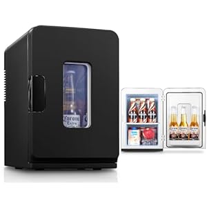 FOHERE Kleine mini-koelkast, 15 l/21 blikjes, draagbare koelkast AC + DC 12 V, stille modus, koelende en verwarmende functie, cosmeticakoeler, zwart