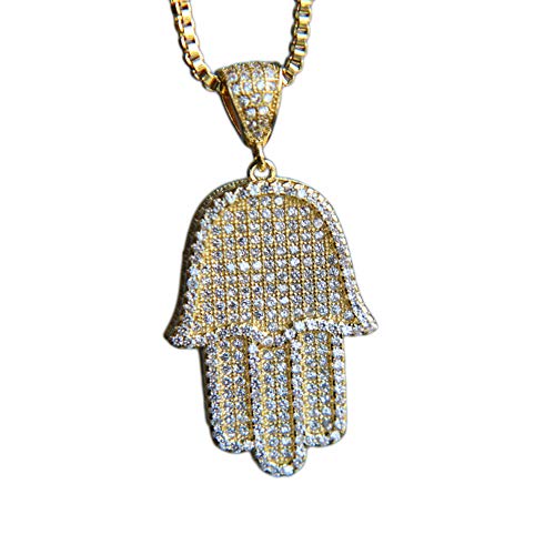 KOSMOLING Micro Pave Bling Cubic Zirconia Hamsa Hand Pendant Necklace for Men and Women, Gold Silver Color Hip Hop Iced Out Jewelry, 24 Box Chain (Gold)