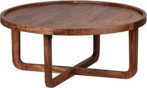 Image of Solid Sheesham Wood Round Center Coffee Table for Living Room Tea Table Furniture for Home I Natural Teak Finish