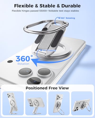Image of SUPERONE Dual-Sided Magnetic Phone Grip for MagSafe | Dual Magnets 5.5 /3lbs, 55,000 Folds 18x Durable, Adjustable Strap, 360 Stand for iPhone 17 /16 /15 /14 /13 /12 Series-Silver
