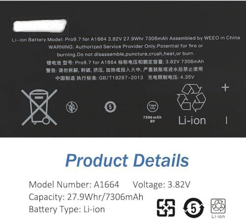 Batería A1664 para tablet de 9.7 pulgadas con capacidad de 7306mAh y 3.82V 3