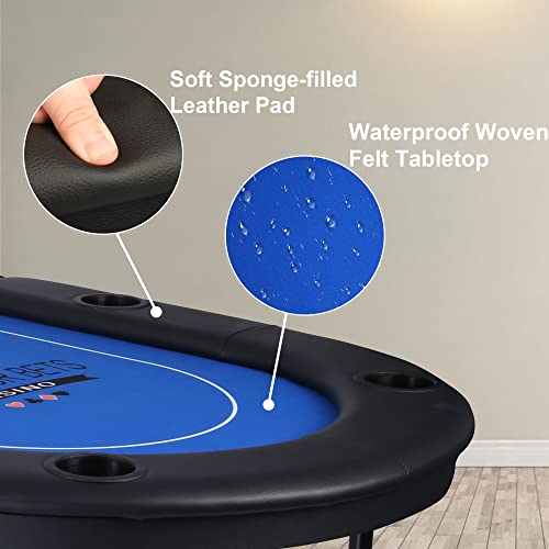 Vilobos Poker Table Foldable 6-8 Players Folding Poker Table Fully Assembled Casino-Style Texas Hold'em Poker Table With Faux Leather Padded Rails And Cup Holders, Blue #TOP2