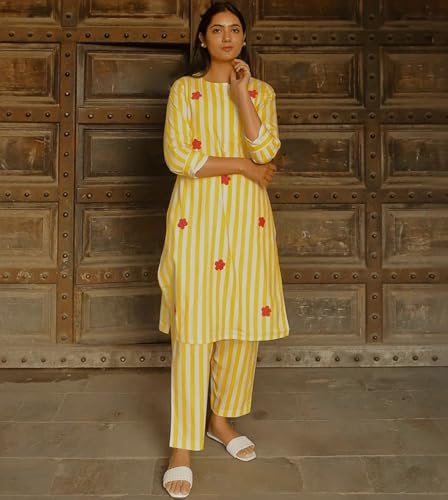 Ensemble kurta en viscose imprimé floral jaune ensemble deux pièces fluide - 3