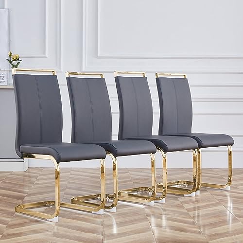 Image of Baysitone Modern Dining Chairs Set of 4, Side & Kitchen Chairs with Gold Frame, Faux Leather Padded Seat High Back, for Dining, Kitchen & Living Room - Dark Grey