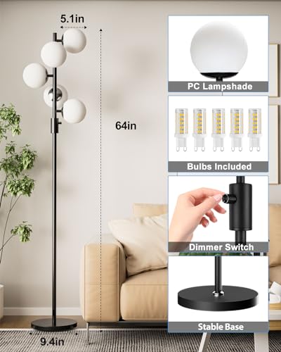 Image of Lightdot Dimmable (Brightness Adjustable) Globe Floor Lamp, Black Retro Standing Lamps with 5x3000K G9 Bulbs Included, Mid Century Modern Floor Lamp for Living Room /Bedroom /Sofa Beside /Corner Decor