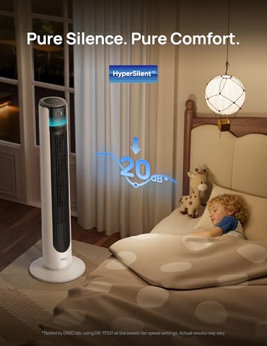 Image of DREO Smart Tower Fan for Outdoor & Indoor Use, 33 ft /s High Velocity, 12 Speeds, 4 Modes Standing Floor Fan, 150 Customizable Oscillating, 20 dB Quiet DC Motor for Bedroom, Weather Resistant