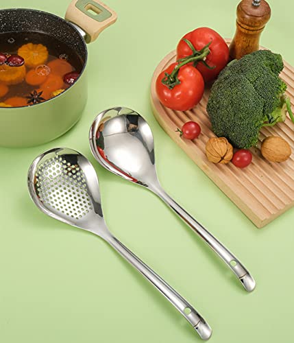 Stainless Steel Large Serving Spoon X 1, Skimmer Slotted Spoons X 1, Axiaolu 13 Inches Utility Advanced Performance Skimmer Perforated, 304 Stainless Steel Cooking Spoon Set #TOP6