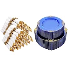 400PCS Pre Rolled Gold Plastic Silverware Sets - Heavy Duty Cutlery and 102PCS Blue Plastic Plates - Heavyweight Disposable Plate with Gold Rim for Parties, Dinners & Weddings